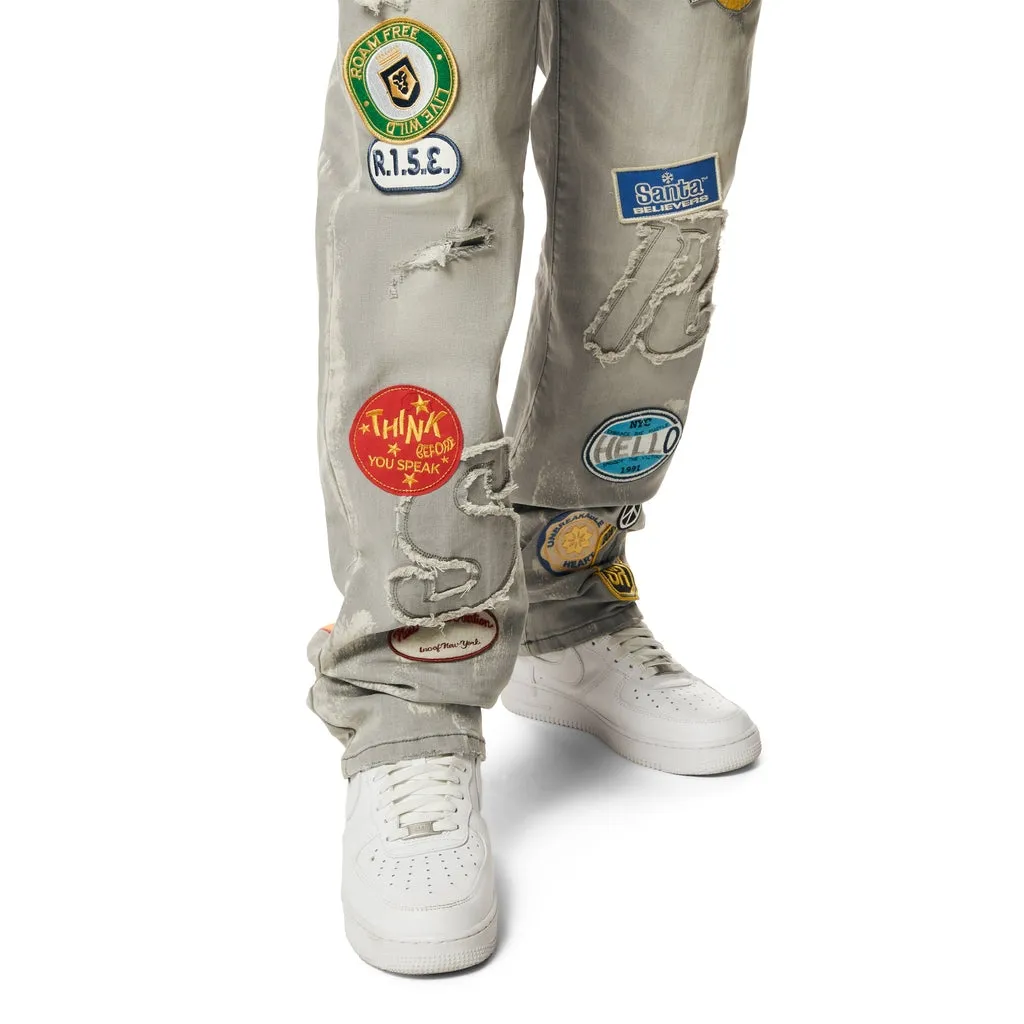 Multi Embroidered Patched Retro Denim Jeans - Cold Grey