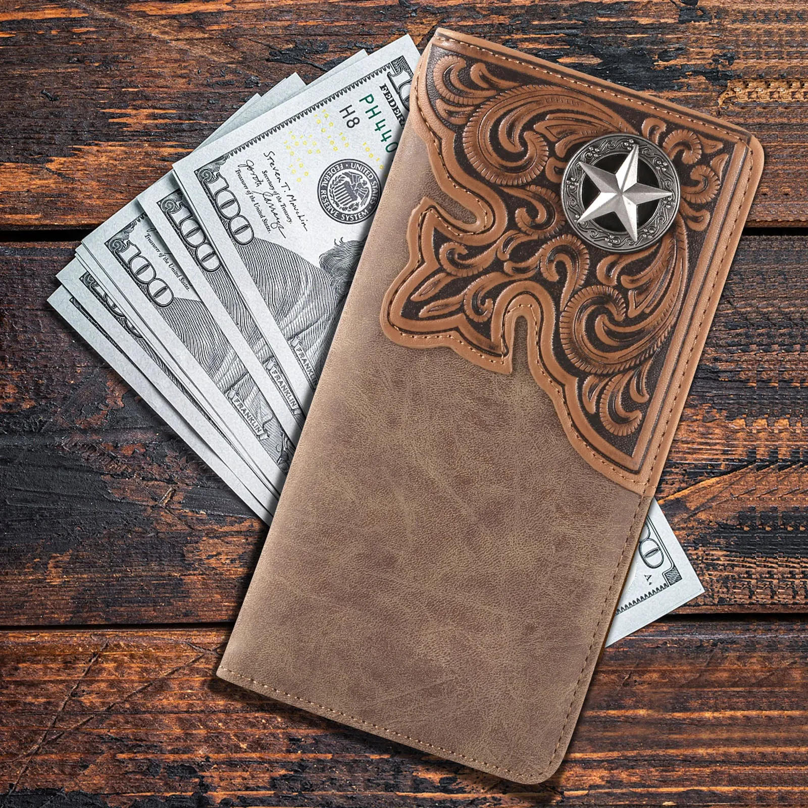 MW-610  Embossed Lone Star Concho Men's Bifold Long PU Leather Wallet