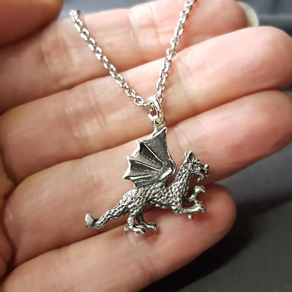 NEW: Gothic Winged Dragon Necklace, Sterling Silver 3D Dragon Pendant With Chain