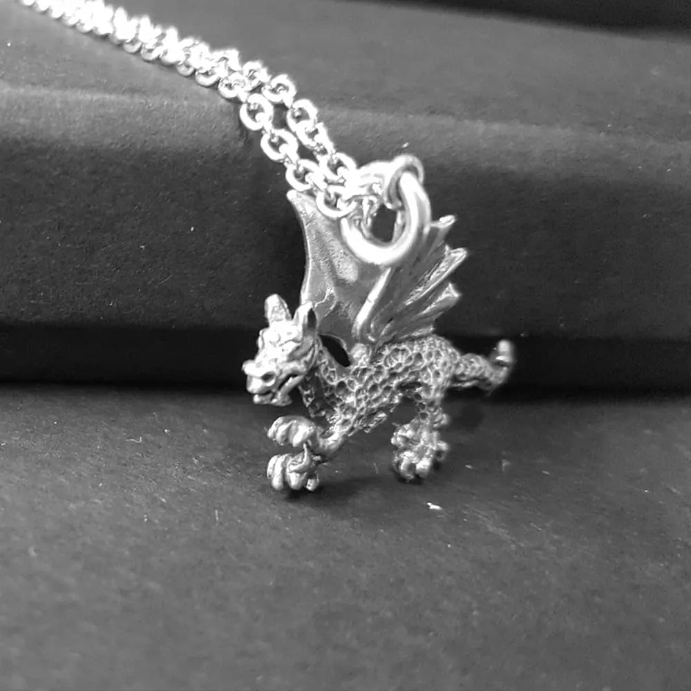 NEW: Gothic Winged Dragon Necklace, Sterling Silver 3D Dragon Pendant With Chain