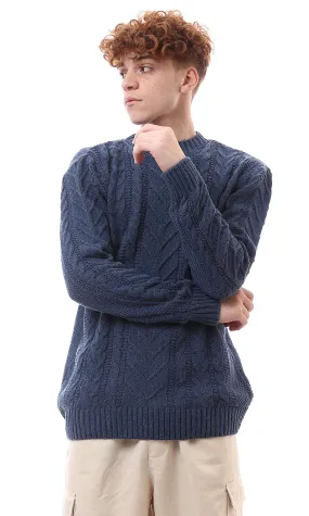 O171305 Mock Neck Long Sleeves Knitted Navy Blue Pullover