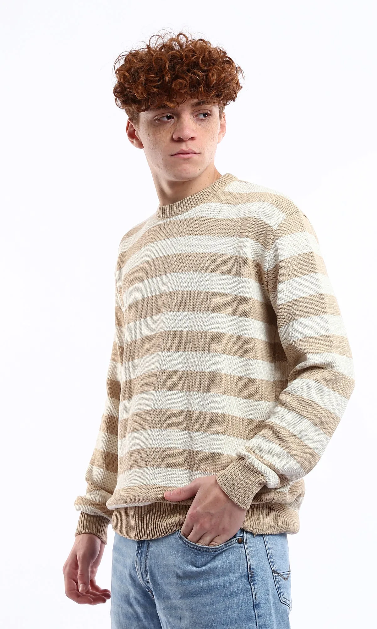 O174209 Striped Beige & Mocha Slip On Knitted Pullover