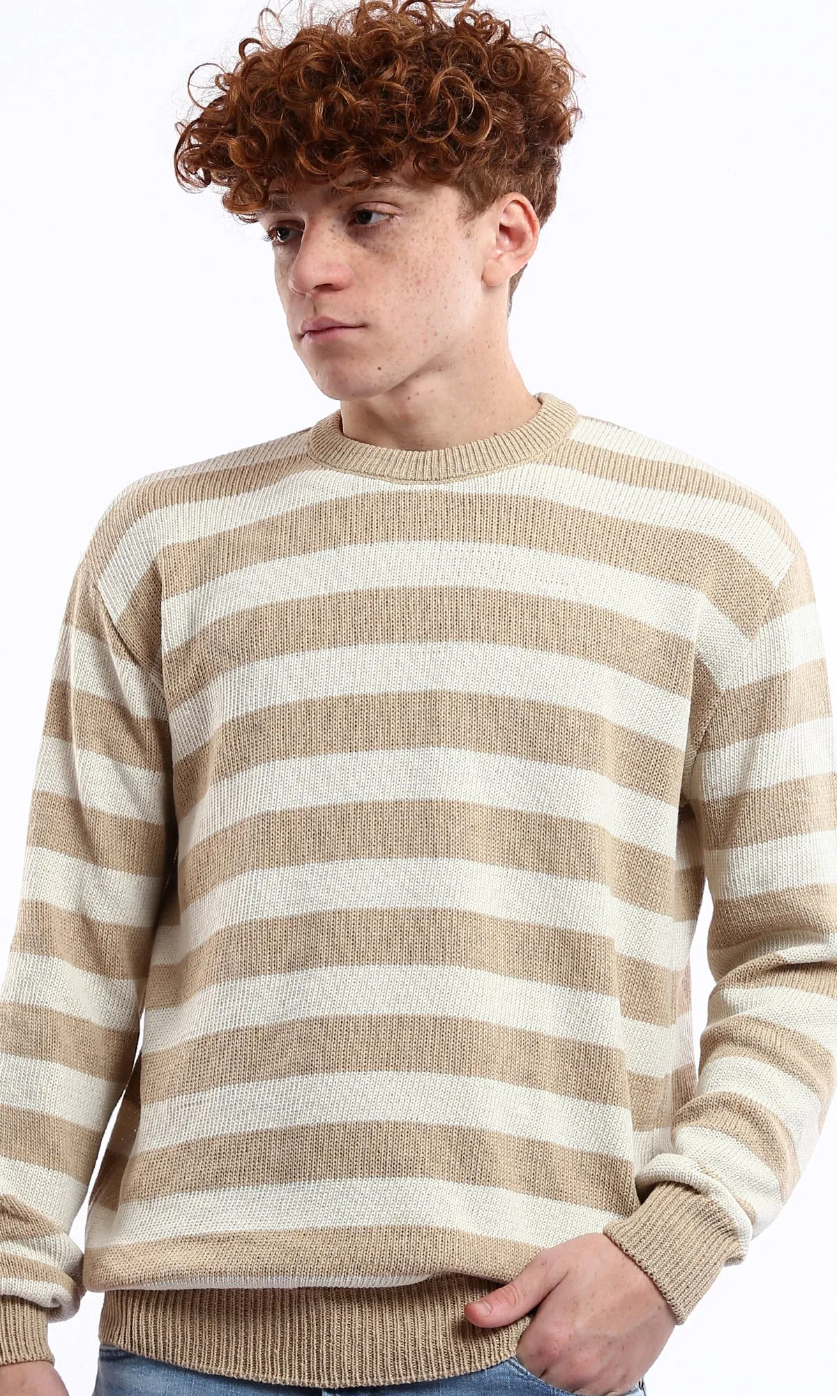 O174209 Striped Beige & Mocha Slip On Knitted Pullover