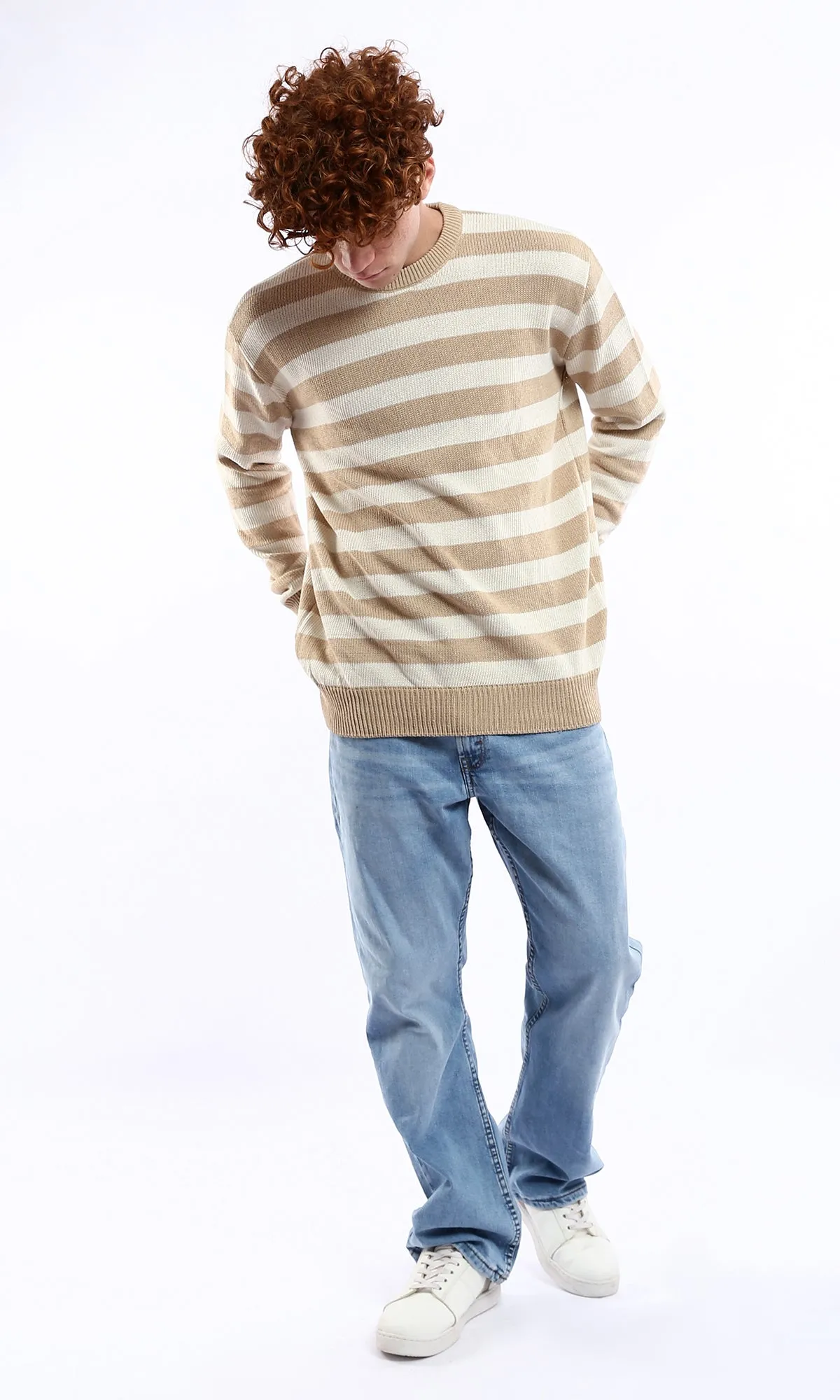 O174209 Striped Beige & Mocha Slip On Knitted Pullover