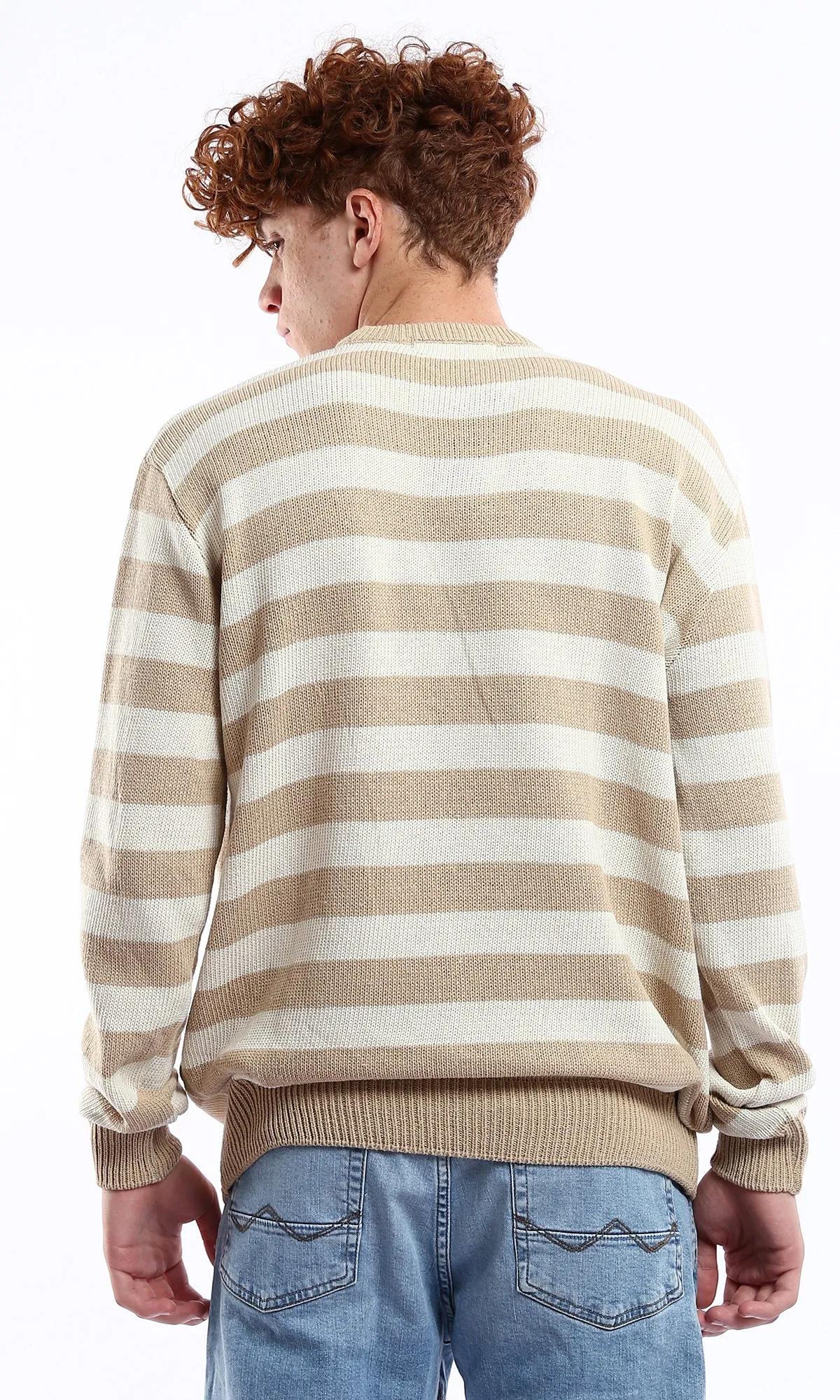 O174209 Striped Beige & Mocha Slip On Knitted Pullover