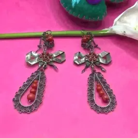 Oaxacan vintage Silver filigree earrings with coral, circa 1950