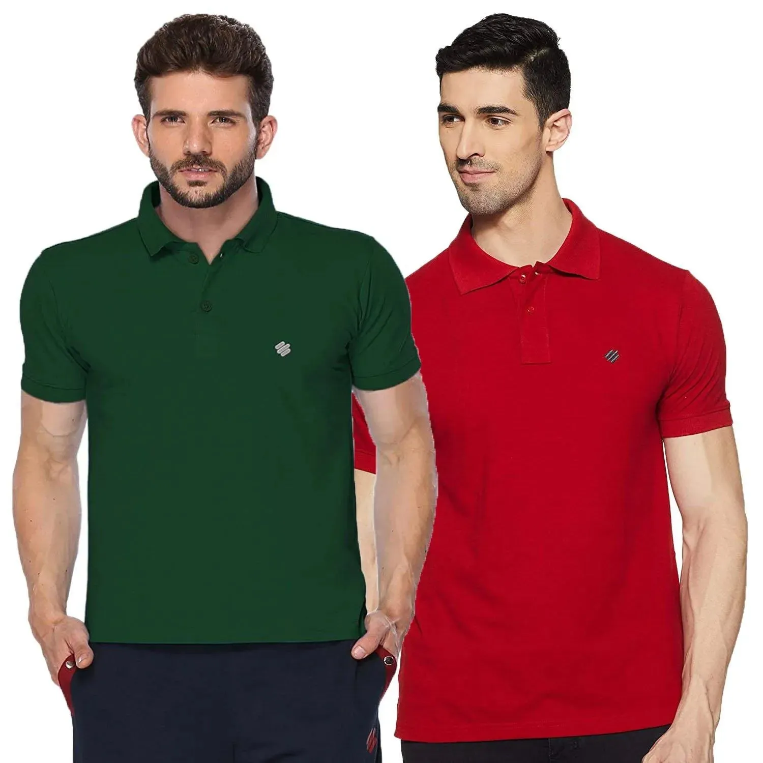 ONN Men's Cotton Polo T-Shirt (Pack of 2) in Solid Bottle Green-Red colours