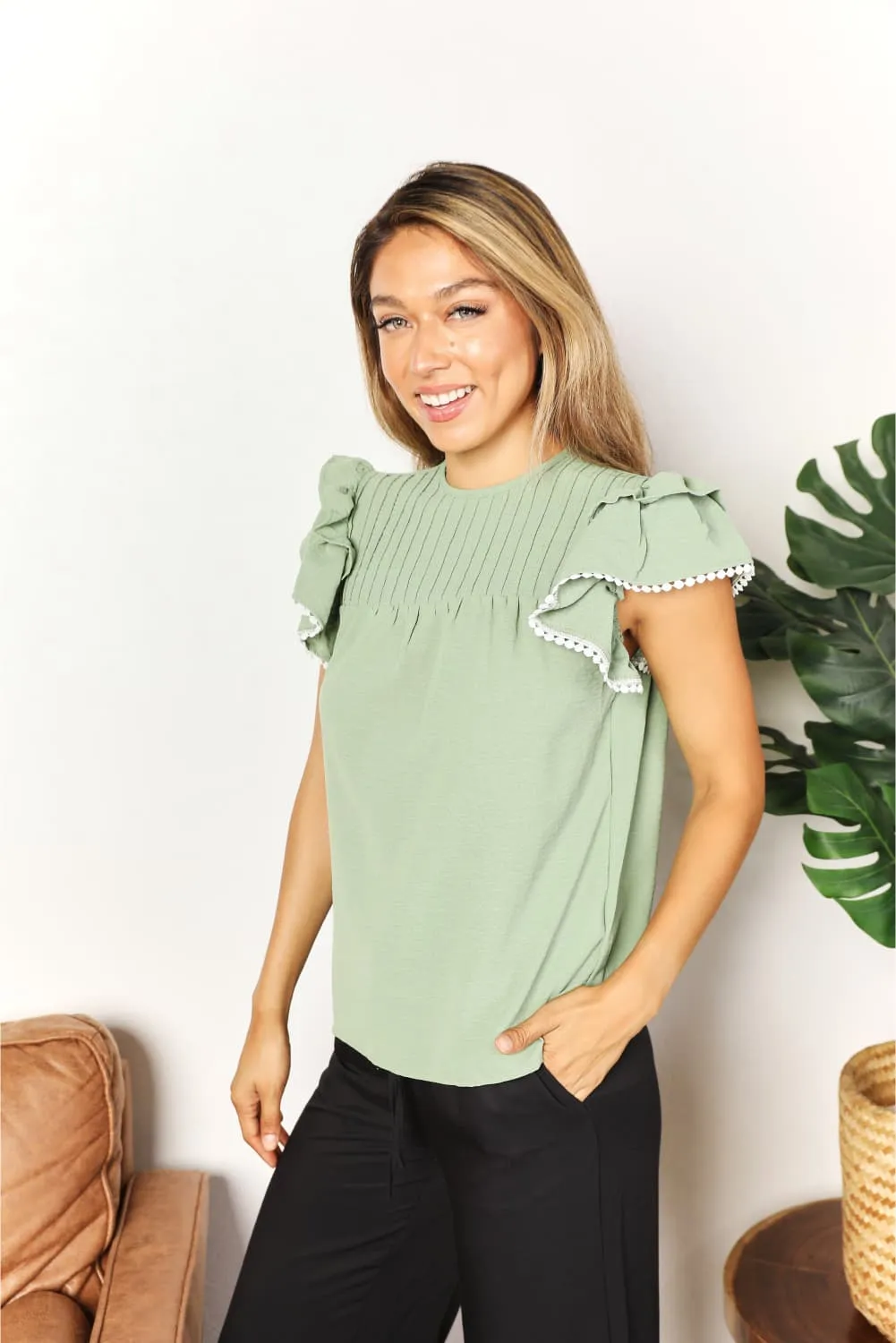 Pleated Detail Flutter Sleeve Blouse in Gum Leaf