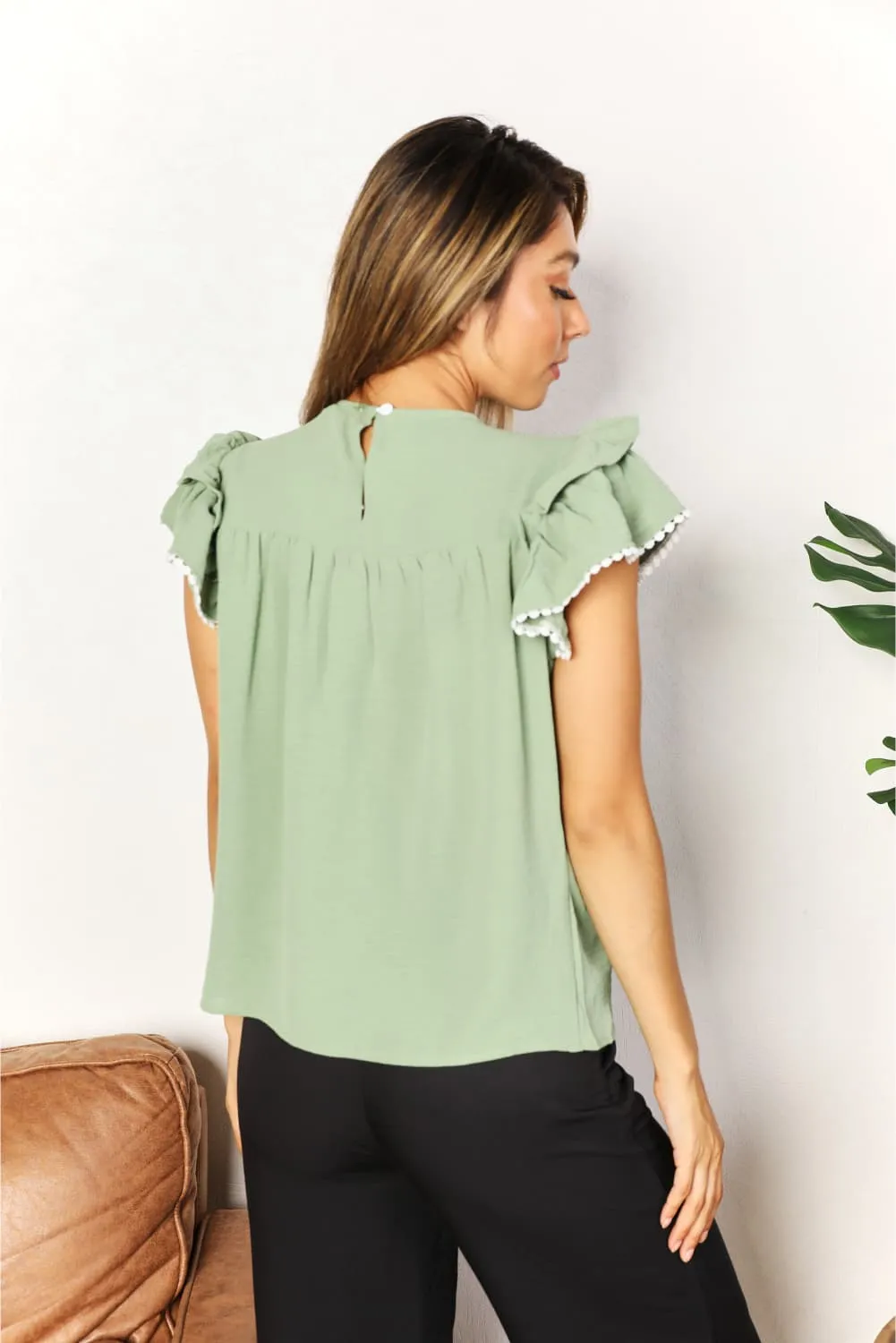 Pleated Detail Flutter Sleeve Blouse in Gum Leaf