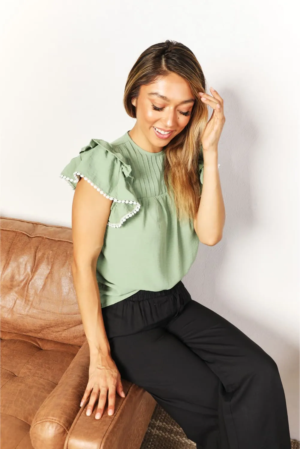 Pleated Detail Flutter Sleeve Blouse in Gum Leaf