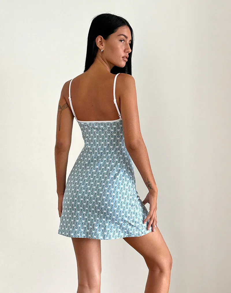 Riniko Mini Dress in Powder Blue XO Heart Print with White Binding