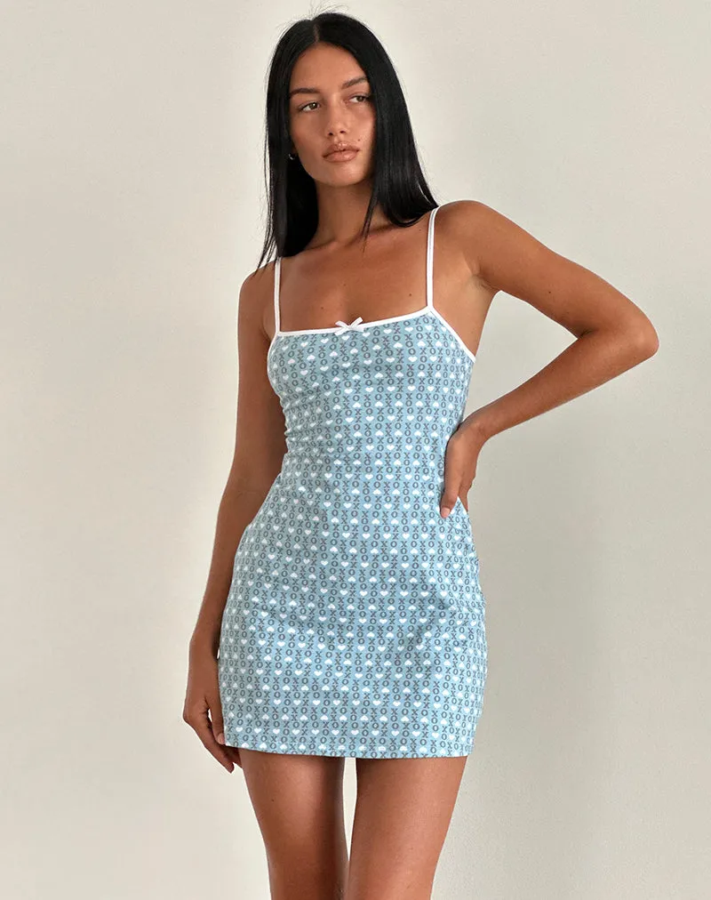 Riniko Mini Dress in Powder Blue XO Heart Print with White Binding