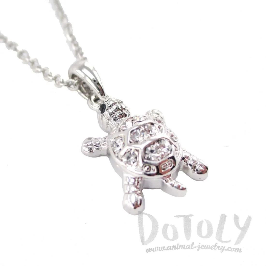 Small Turtle Shaped Charm Necklace in Silver with Rhinestones