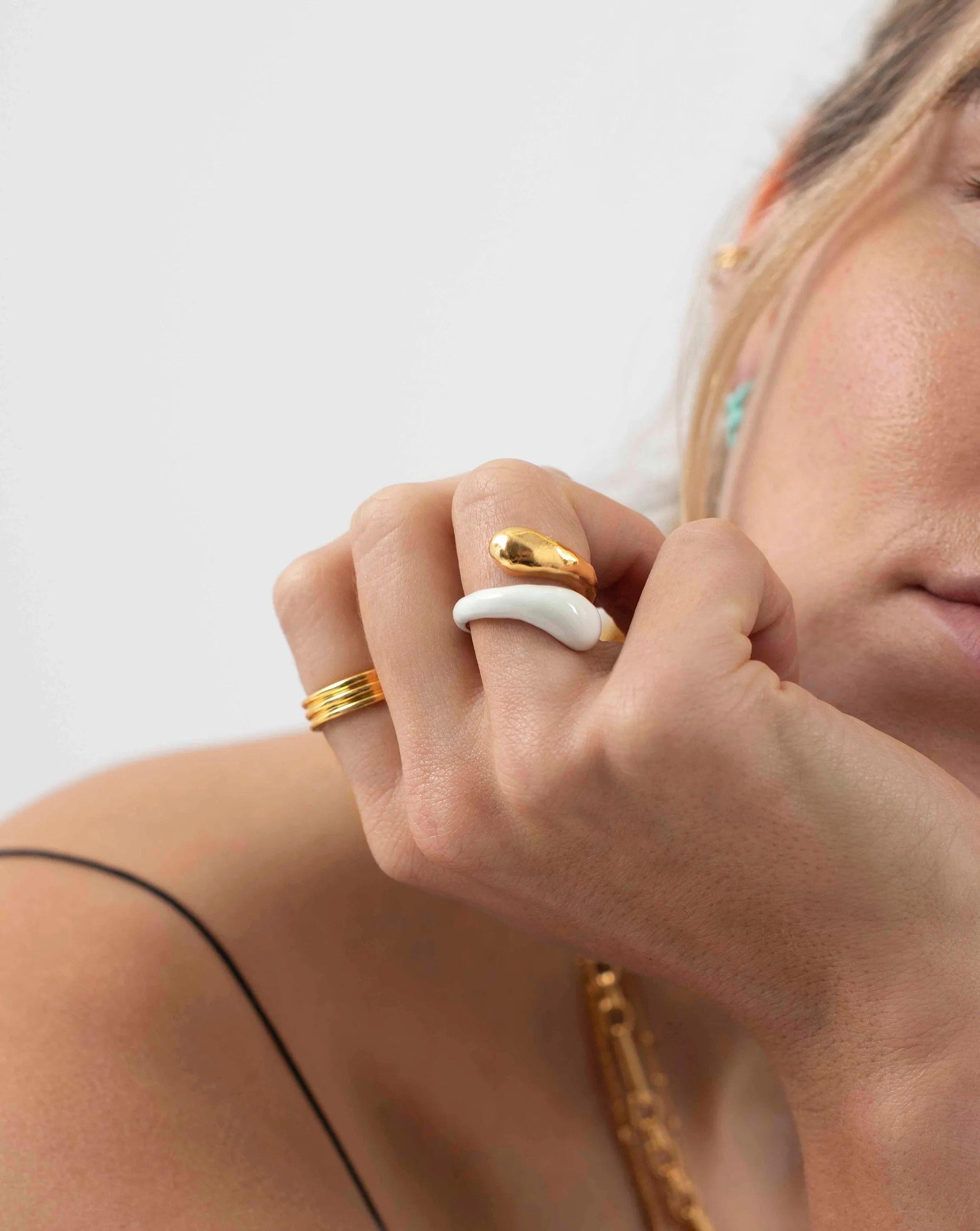 Squiggle Two Tone Enamel Crossover Ring | 18ct Gold Plated Vermeil/Bright White