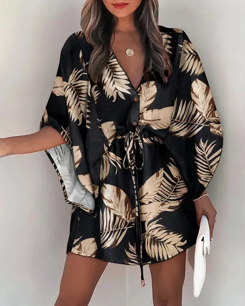 Summer Casual Dress Women Fashion Flying Sleeve V-neck Print Beach Party Dresses Elegant Lace Up Mini Dress Robe Femme 2023 New