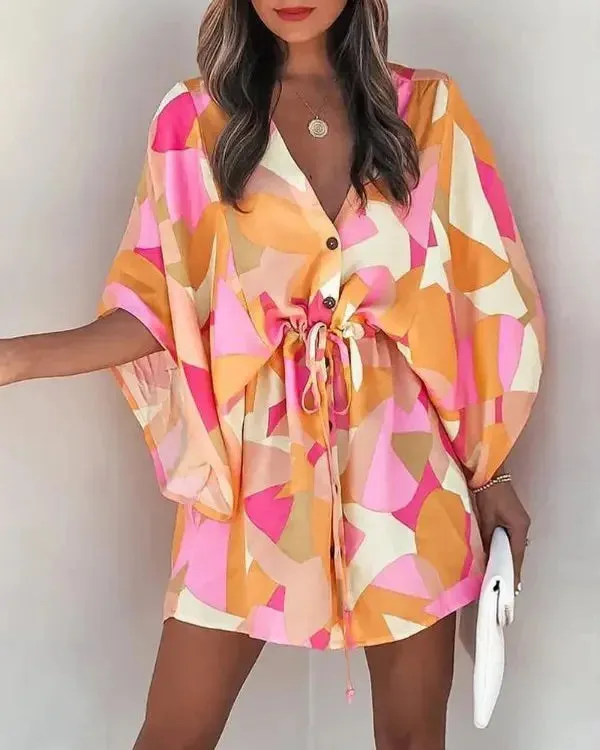 Summer Casual Dress Women Fashion Flying Sleeve V-neck Print Beach Party Dresses Elegant Lace Up Mini Dress Robe Femme 2023 New