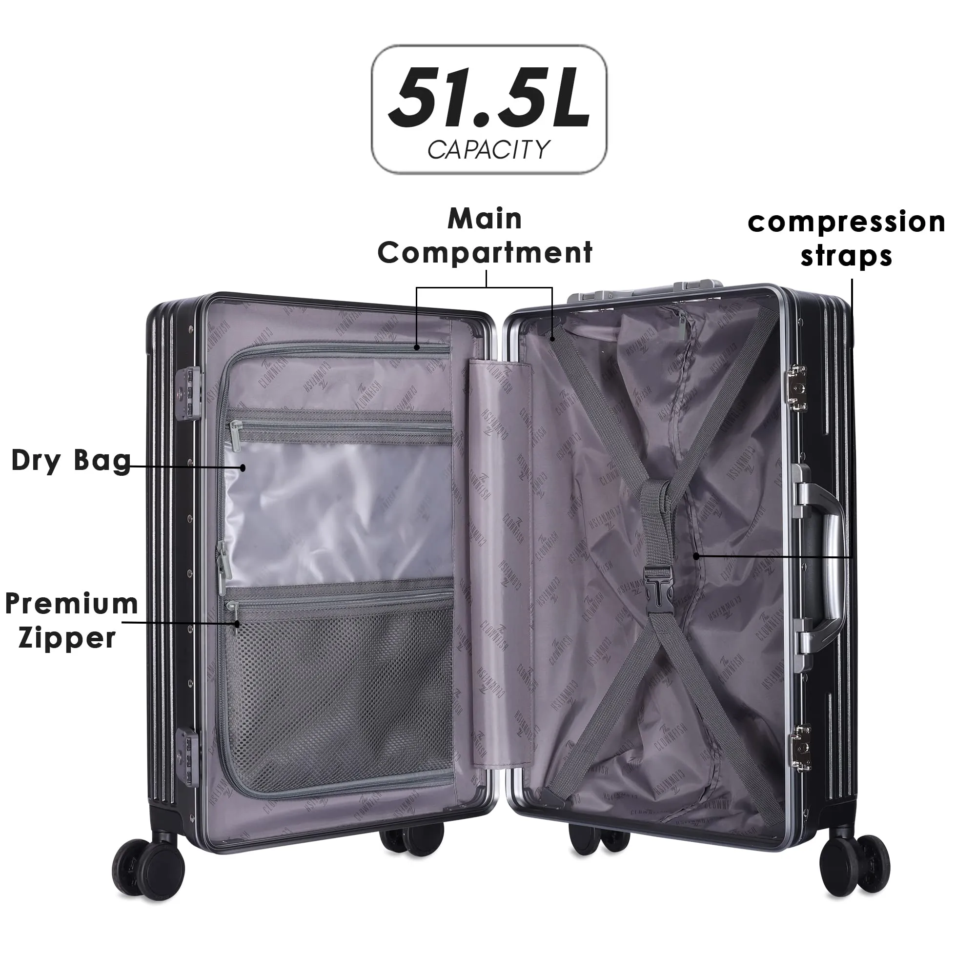 THE CLOWNFISH Ambassador Series Carry-On Luggage PolyCarbonate Hard Case Suitcase Eight Spinner Wheel Trolley Bag with TSA Lock, USB, Mobile Holder, Cup Holder- Dark Grey (56 cm-22 inch)