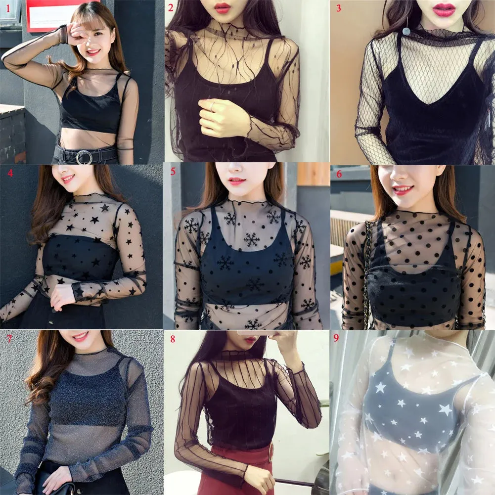 Women Fashion T-Shirts Tulle Mesh Versatile Long Sleeve Ladies Printed Tops Casual Thin Base Blouses Lace Sheer Blouses