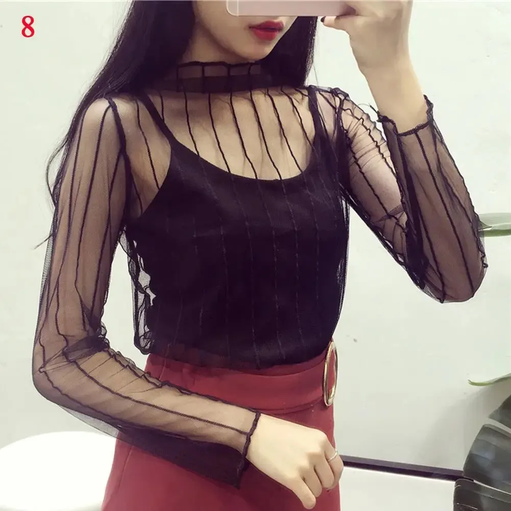 Women Fashion T-Shirts Tulle Mesh Versatile Long Sleeve Ladies Printed Tops Casual Thin Base Blouses Lace Sheer Blouses