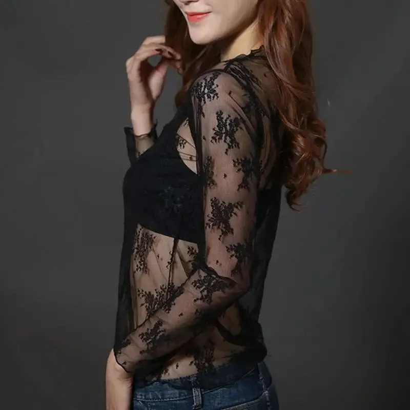 Women Fashion T-Shirts Tulle Mesh Versatile Long Sleeve Ladies Printed Tops Casual Thin Base Blouses Lace Sheer Blouses