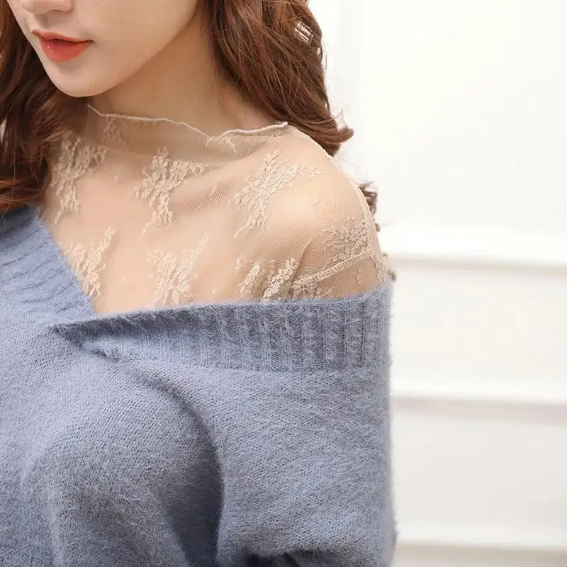 Women Fashion T-Shirts Tulle Mesh Versatile Long Sleeve Ladies Printed Tops Casual Thin Base Blouses Lace Sheer Blouses