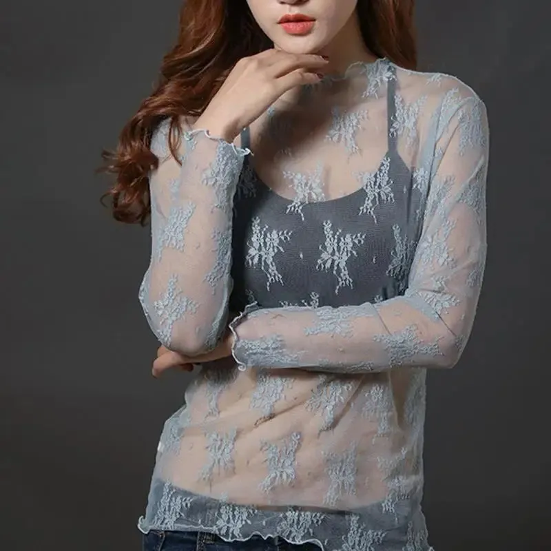 Women Fashion T-Shirts Tulle Mesh Versatile Long Sleeve Ladies Printed Tops Casual Thin Base Blouses Lace Sheer Blouses