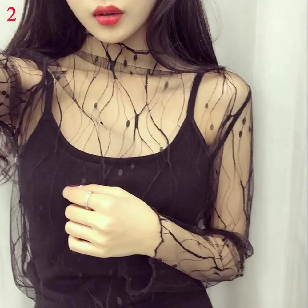 Women Fashion T-Shirts Tulle Mesh Versatile Long Sleeve Ladies Printed Tops Casual Thin Base Blouses Lace Sheer Blouses