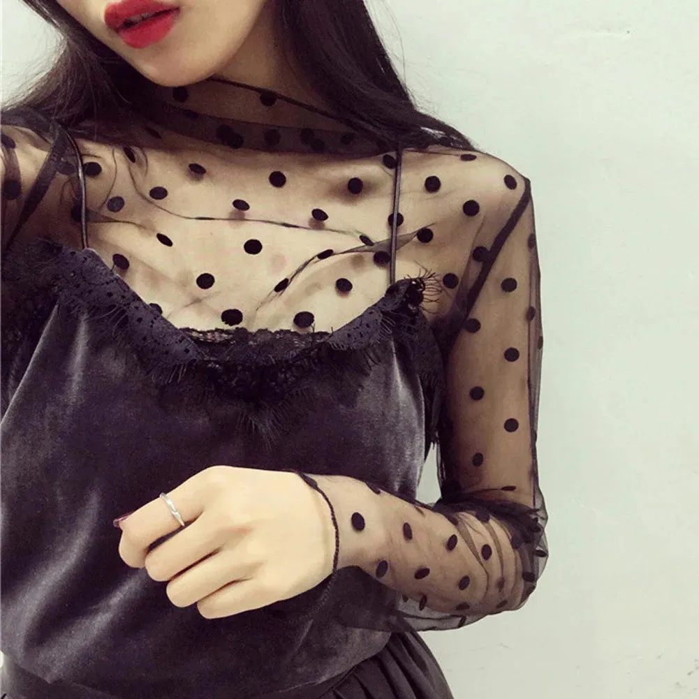 Women Fashion T-Shirts Tulle Mesh Versatile Long Sleeve Ladies Printed Tops Casual Thin Base Blouses Lace Sheer Blouses