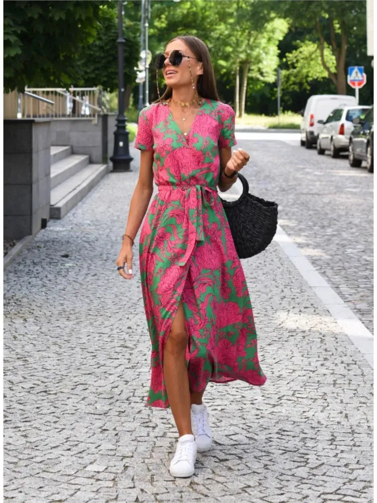 Women Floral Print Long Dresses Summer Sexy V Neck Split Lace-up Dress Female Casual Elegant Short Sleeve Beach Dress Vestidos