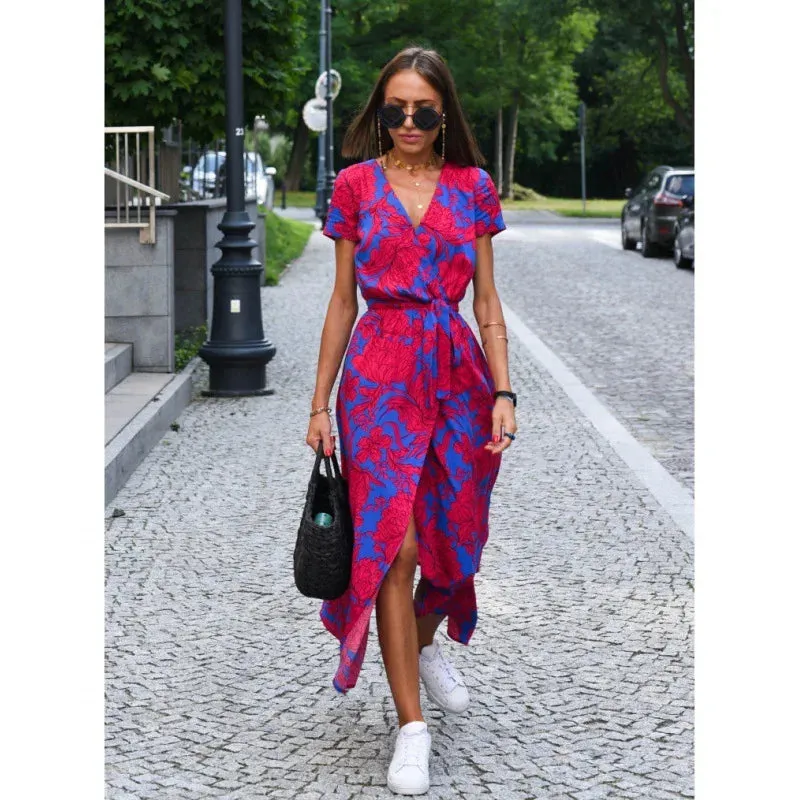 Women Floral Print Long Dresses Summer Sexy V Neck Split Lace-up Dress Female Casual Elegant Short Sleeve Beach Dress Vestidos