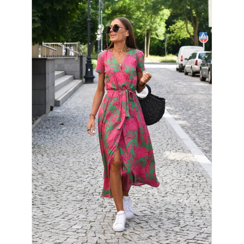 Women Floral Print Long Dresses Summer Sexy V Neck Split Lace-up Dress Female Casual Elegant Short Sleeve Beach Dress Vestidos