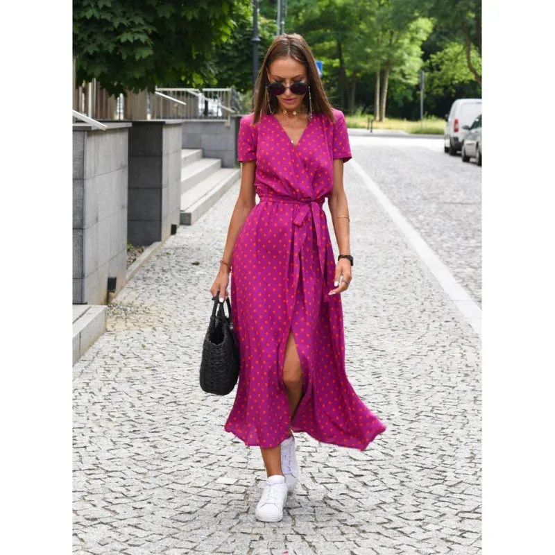 Women Floral Print Long Dresses Summer Sexy V Neck Split Lace-up Dress Female Casual Elegant Short Sleeve Beach Dress Vestidos