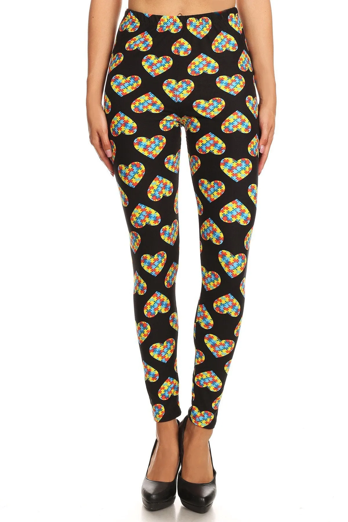 Women's 3 X 5X Heart Autism Jigsaw Puzzles Pattern Printed Leggings