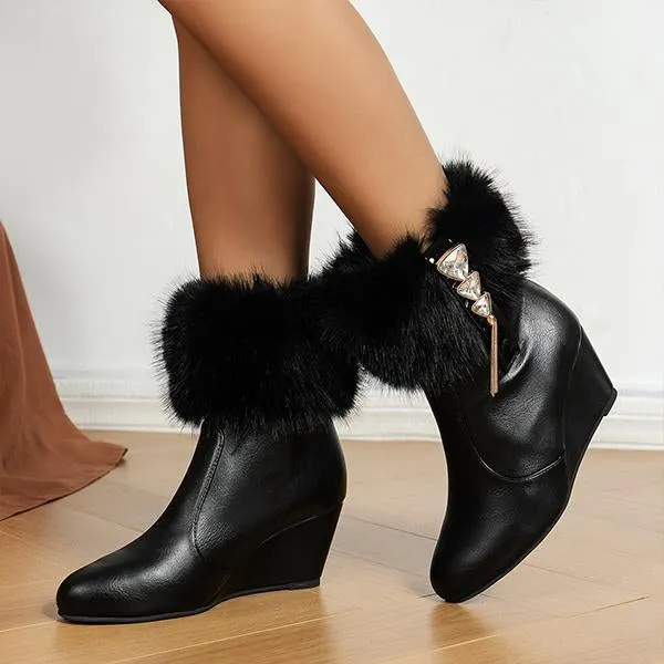 Women's Casual Fur Collar Rhinestone Wedge Booties 85896355S