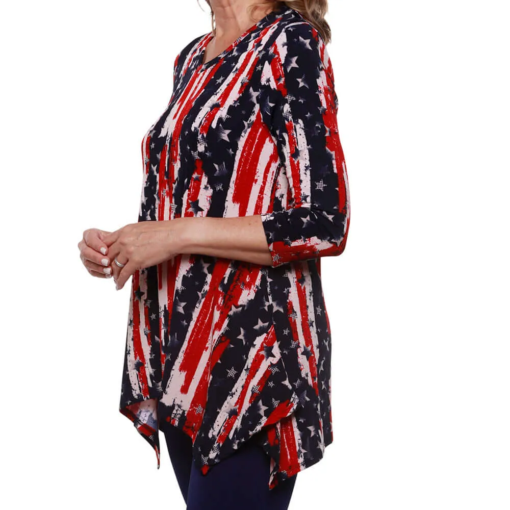 Women's Made in USA Stars and Stripes V-Neck Sharkbite Tunic