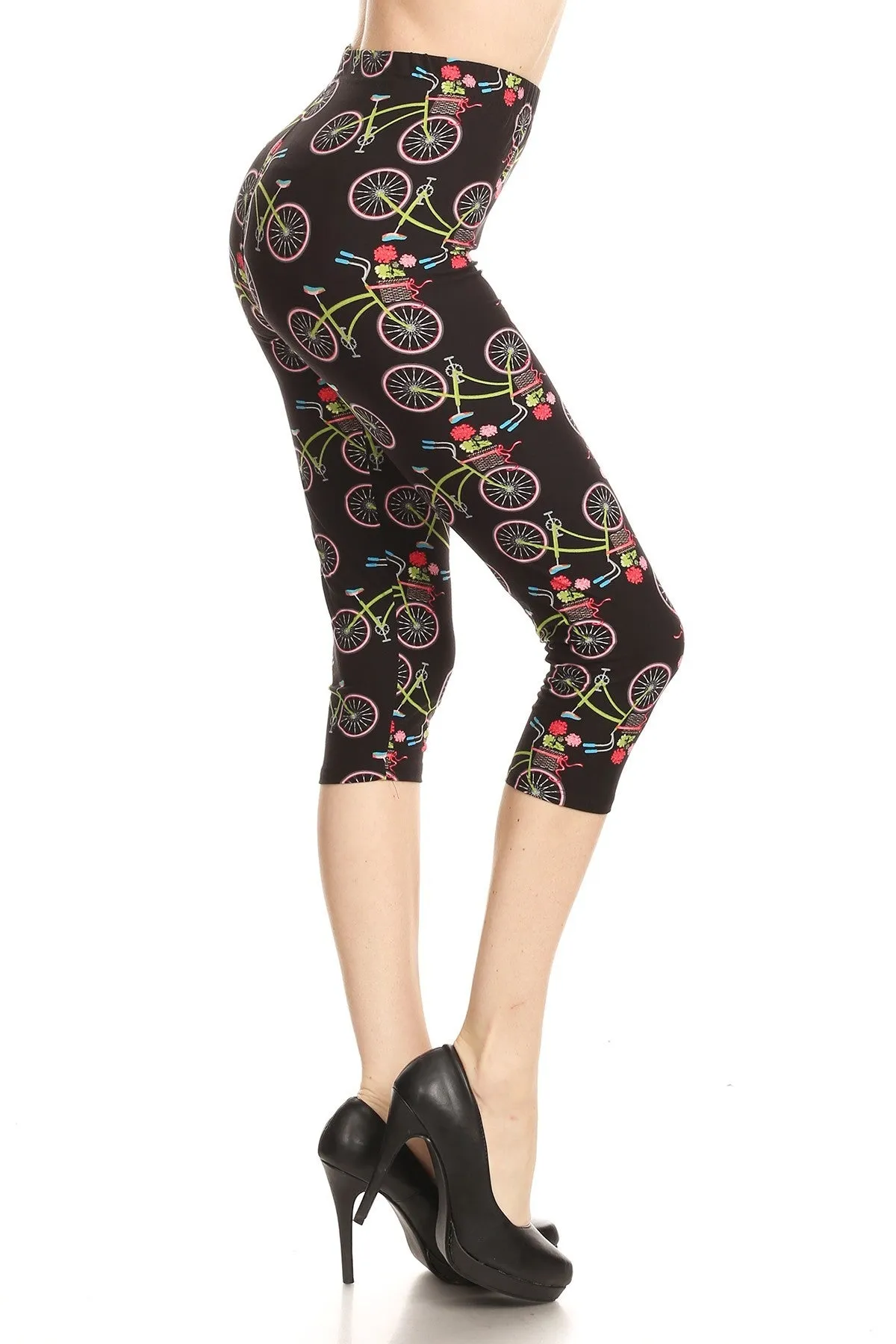 Women's Plus colorful Bicycle Flower Printed Cropped Capri Leggings