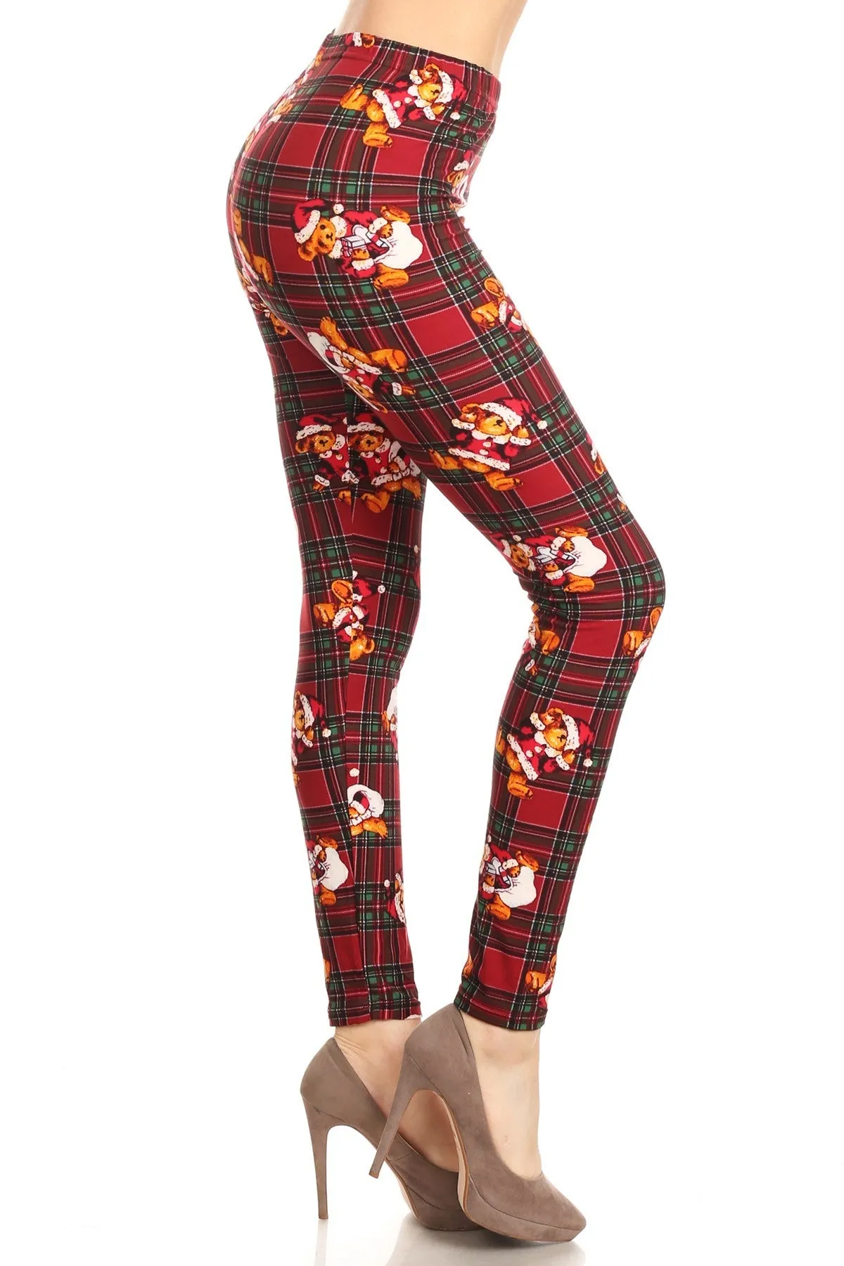 Women's Regular Christmas Santa Bear In Plaid Printed Leggings