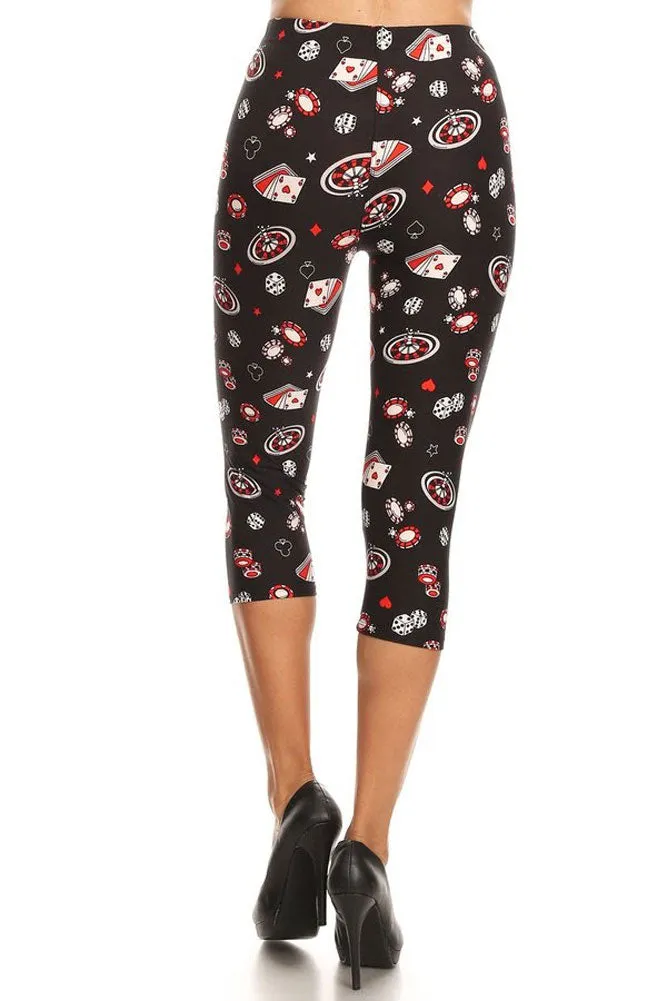 Women's Regular Colorful Card Game Diceplay Printed Cropped Capri Leggings