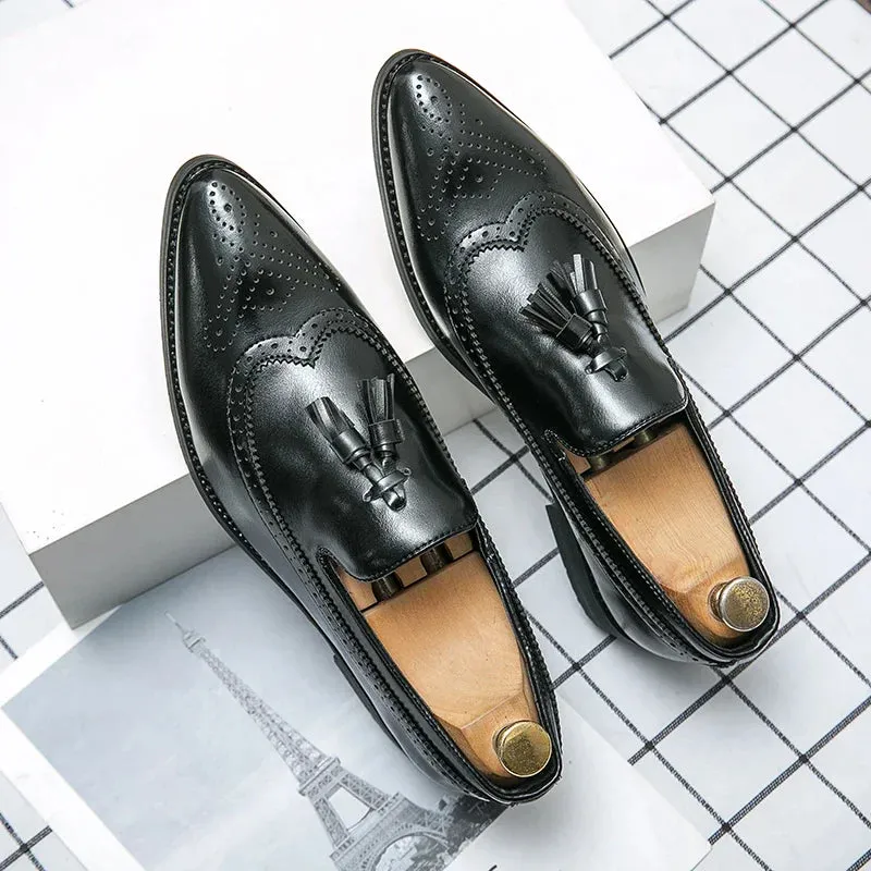 Xituodai   Classic Black Brogues Leather Shoes Men Pointy-toe Dress Shoes Fashion Tassel Mens Formal Shoes Size 48 Casual Business Shoes