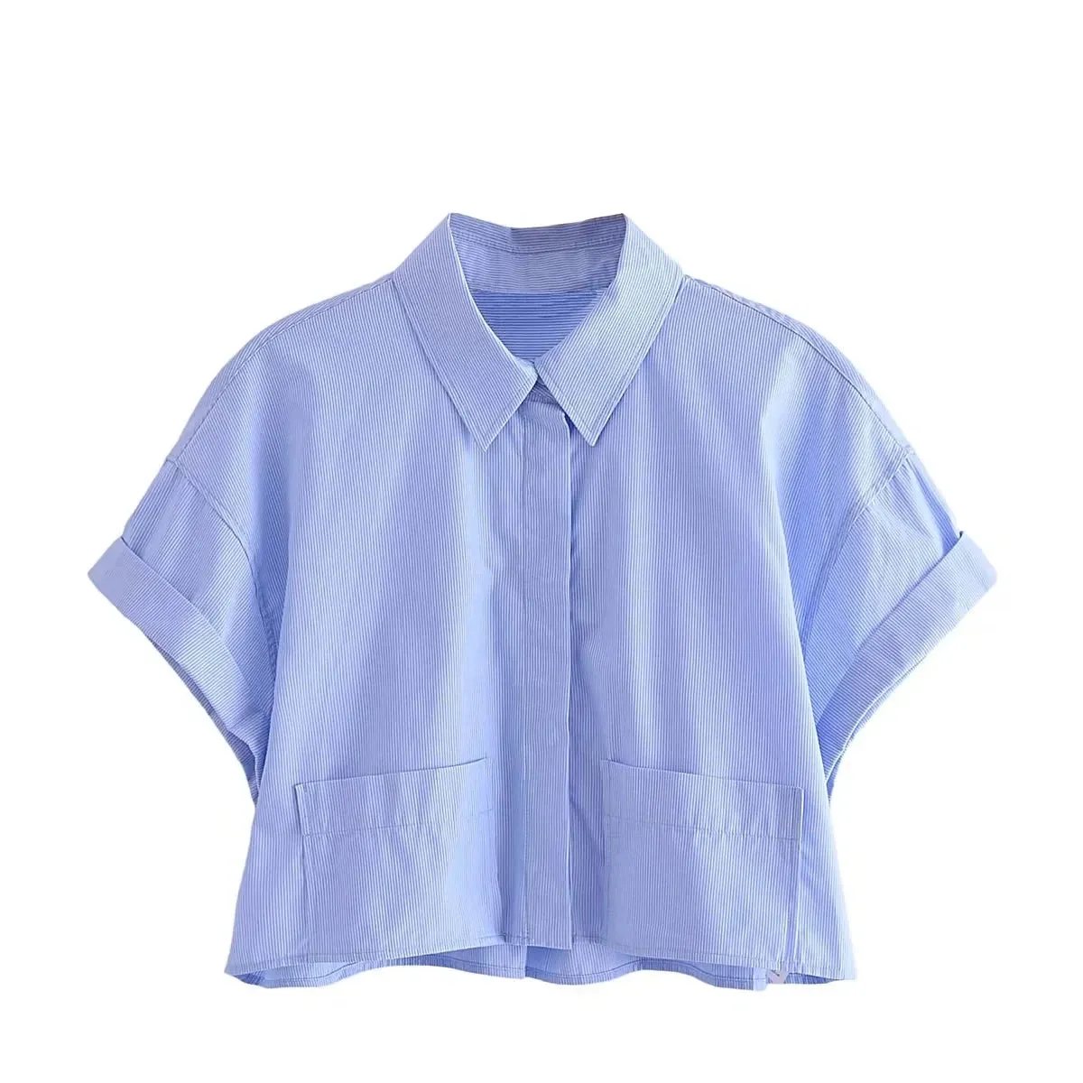 XNWMNZ Women Fashion Crop Poplin Shirt High Street lapel Neck Short Sleeve Patch Pocket Front Button Female Chic Blouse