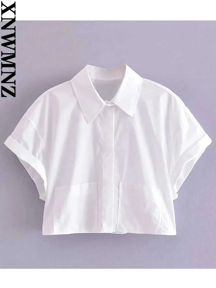 XNWMNZ Women Fashion Crop Poplin Shirt High Street lapel Neck Short Sleeve Patch Pocket Front Button Female Chic Blouse