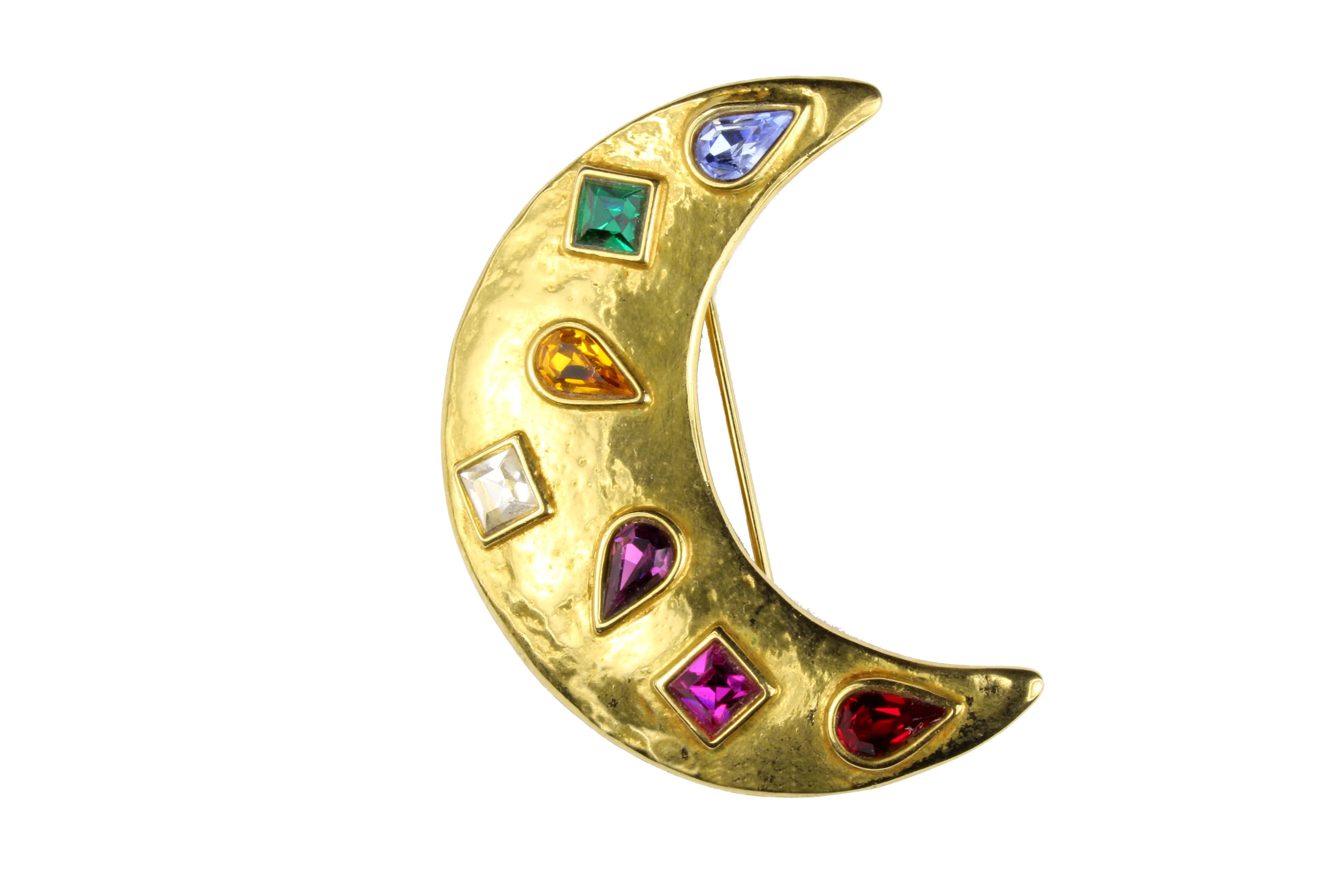 YVES SAINT LAURENT multi-colored rhinestones moon brooch