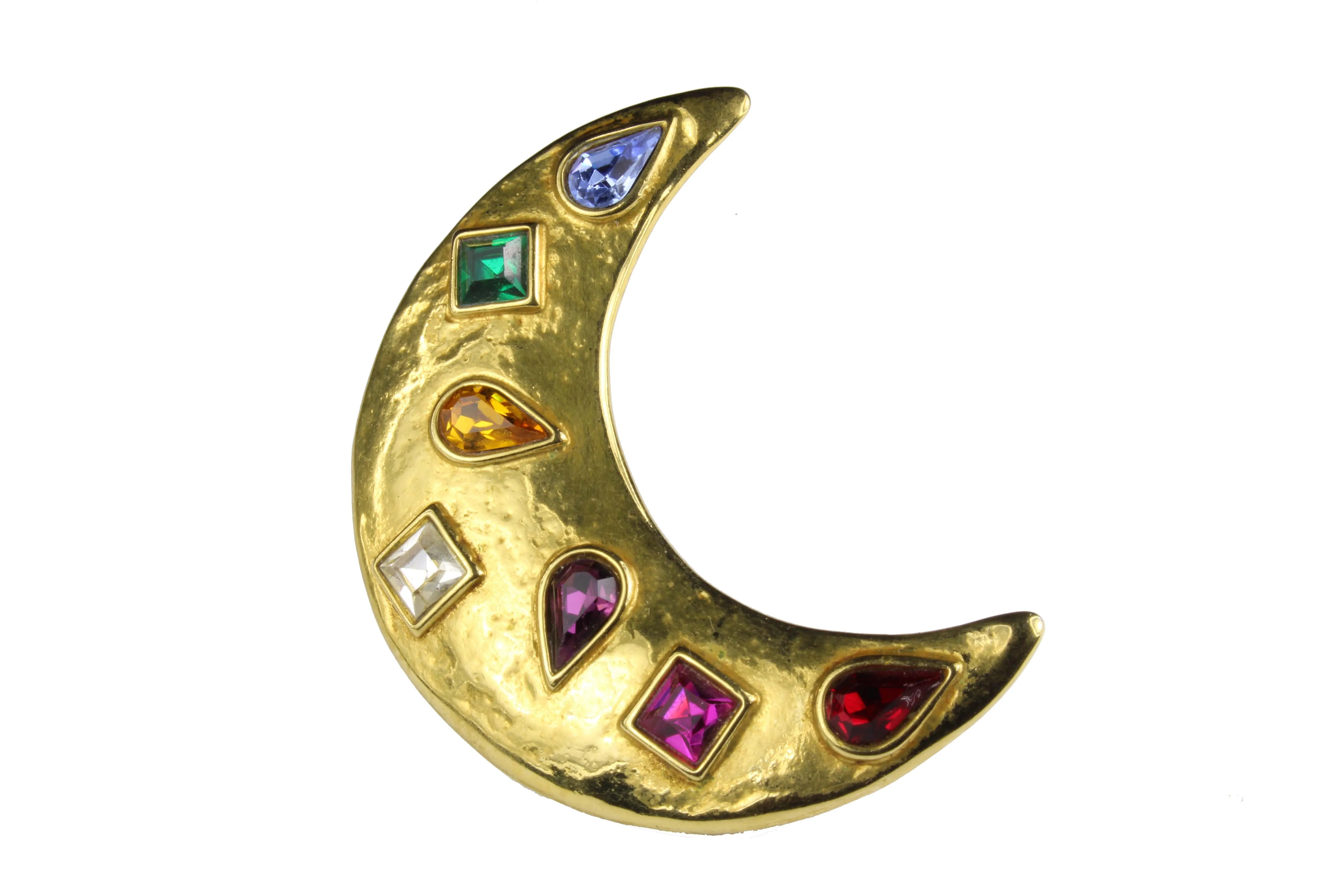 YVES SAINT LAURENT multi-colored rhinestones moon brooch